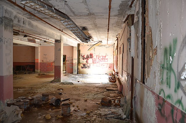 Graffiti-covered interior of the Buckner Building