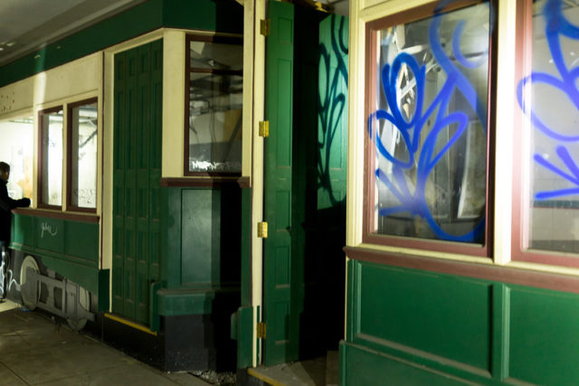 Graffiti-covered windows in Dupont Down Under