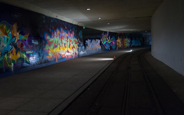 Darkened tunnel covered in graffiti