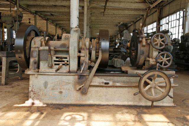 Rusted machinery inside a factory