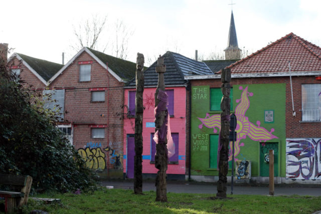Graffiti-covered buildings