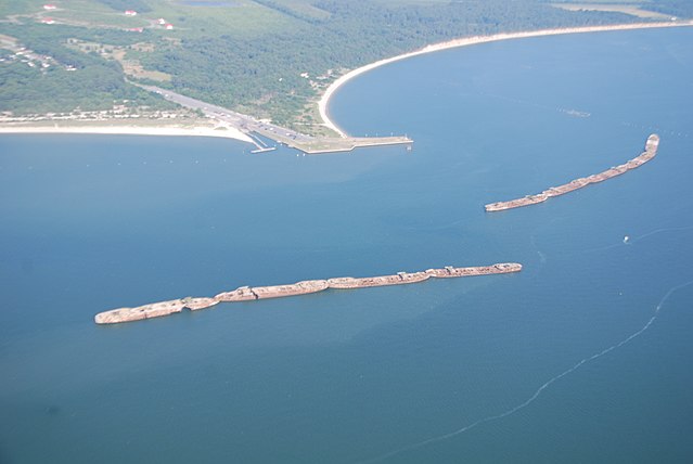 Aerial view of the concrete ships near the mouth of the Chesapeake Bay
