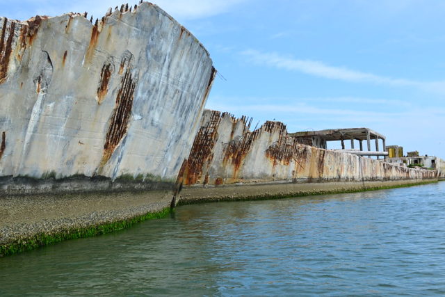 Close-up of two concrete ships