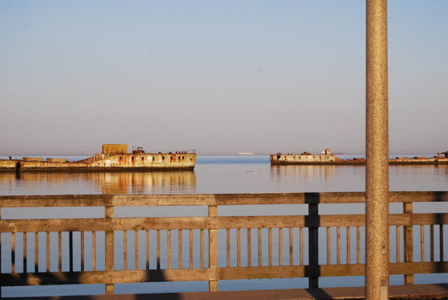 View of concrete ships from the pier