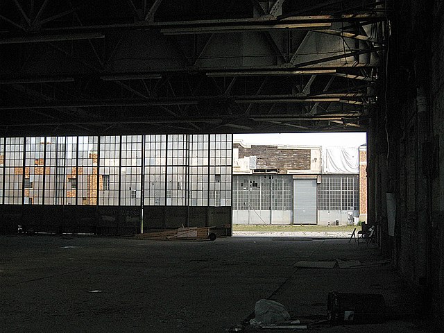 Dark interior of an airport hangar