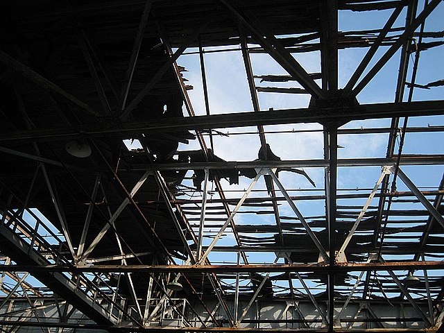 Damaged roof of an airport hangar