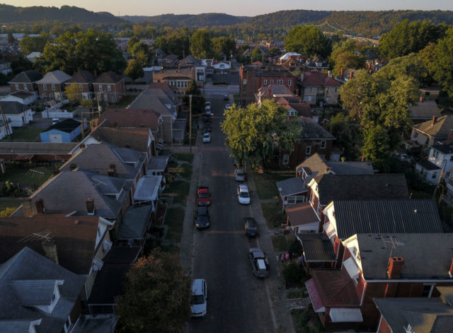Aerial view of houses along a street in Huntington, West Virginia