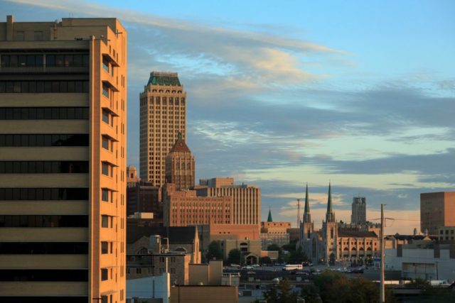 Large buildings at sunrise