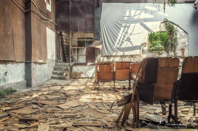 An abandoned movie theater.