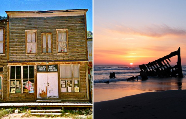 Exterior of a wooden building in St. Elmo, Colorado + Wreck of the Peter Iredale at sunset