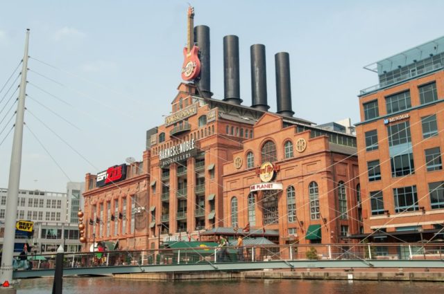 Large brick building along a waterway