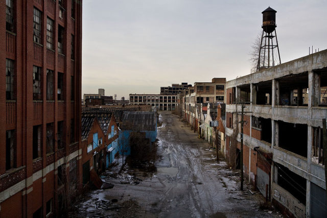 Exteriors of numerous abandoned factories