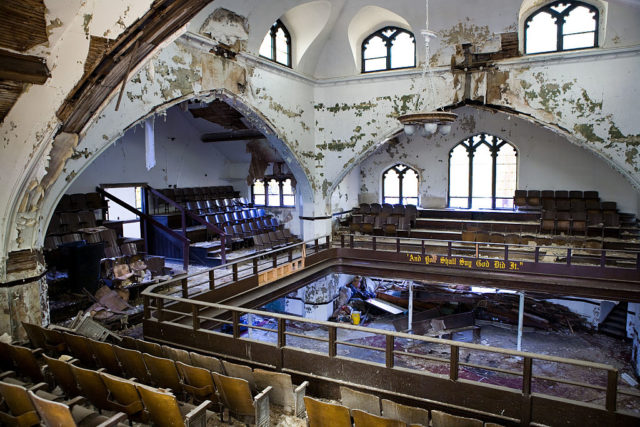 Rotting interior of East Methodist Church