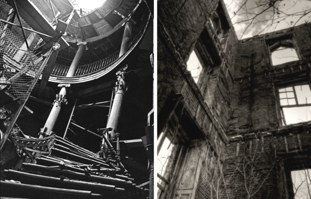 Interior shots of a decrepit staircase and broken windows inside the abandoned ruin of the Renwick Smallpox Hospital. (Left Photo Credit: Catherine McGann/Getty Images), (Right Photo Credit: Timothy Vogel via. Flickr/CC BY-NC 2.0)