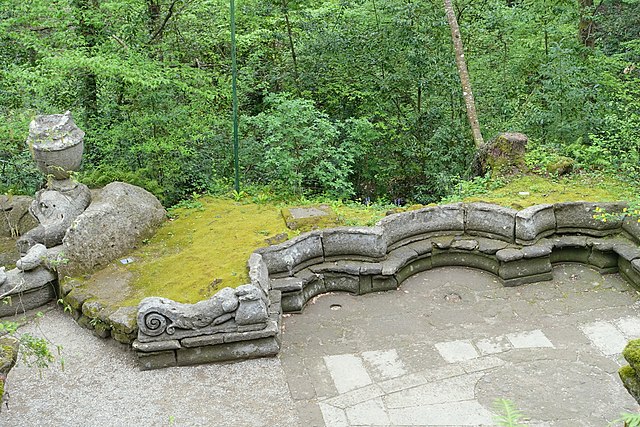 Overhead view of stone benches