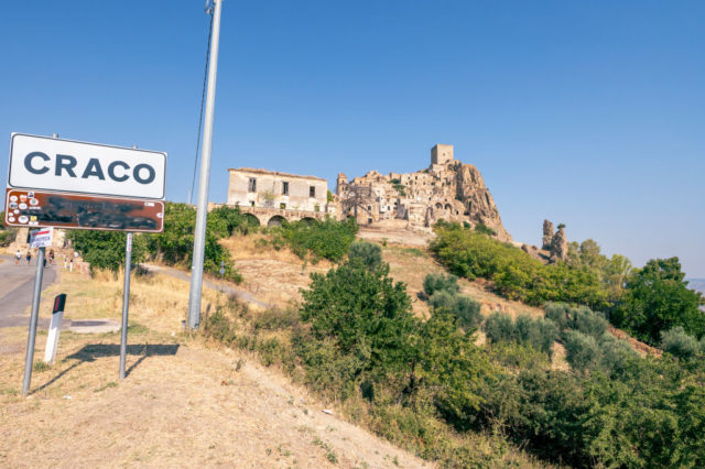 Image of the town sign before entering Craco, Italy