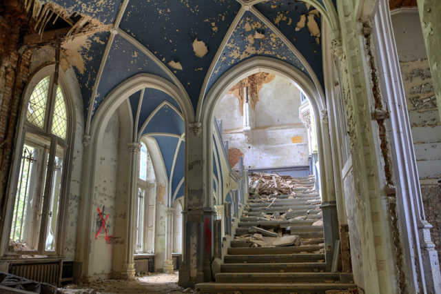 The grand entry hall in the abandoned Miranda Castle. 