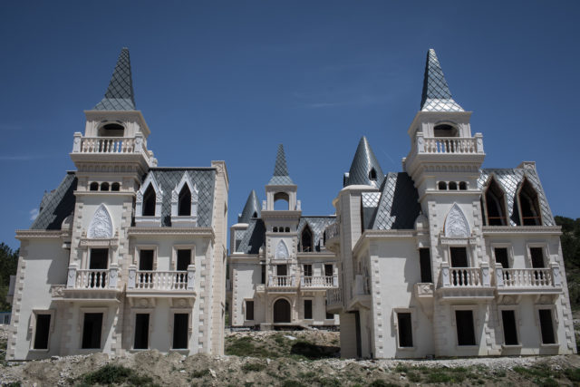 Front views of 3 castle villas at Burj Al Babas