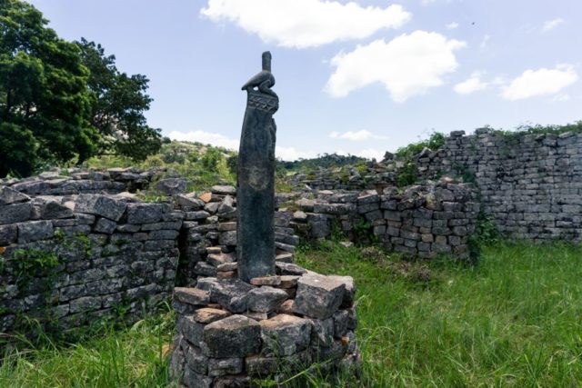 A tall soapstone carving at the Great Zimbabwe ruins