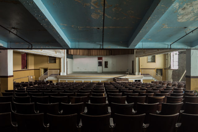 Looking down at the stage from the top of the theater at the J.W. Cooper School