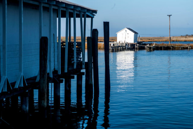 Building and dock along the coast of Tangier Island