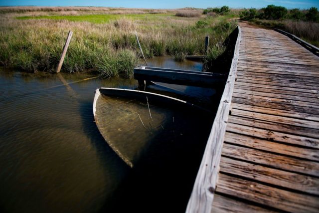 Sunken boat beneath a wooden bridge