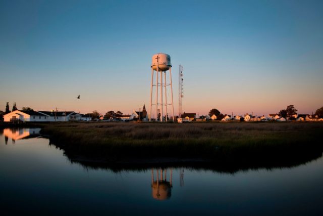 Water tower standing over Tangier Island