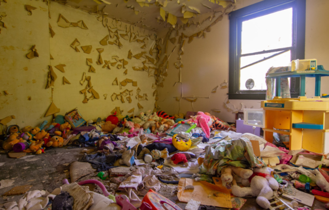 Toys scattered around a room with paint peeling from its walls