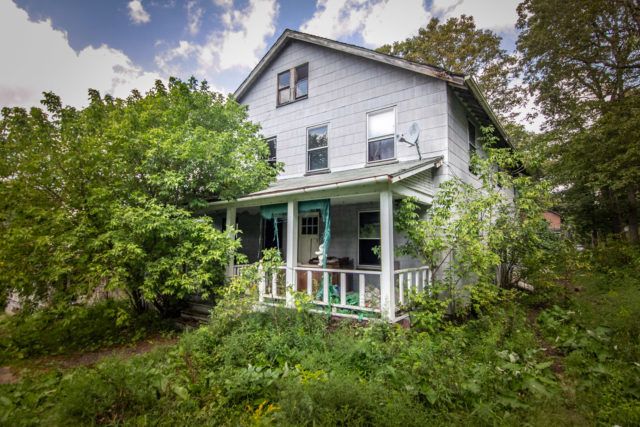 House surrounded by overgrown trees and grass