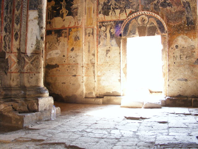 Painted walls inside the cathedral at Ani