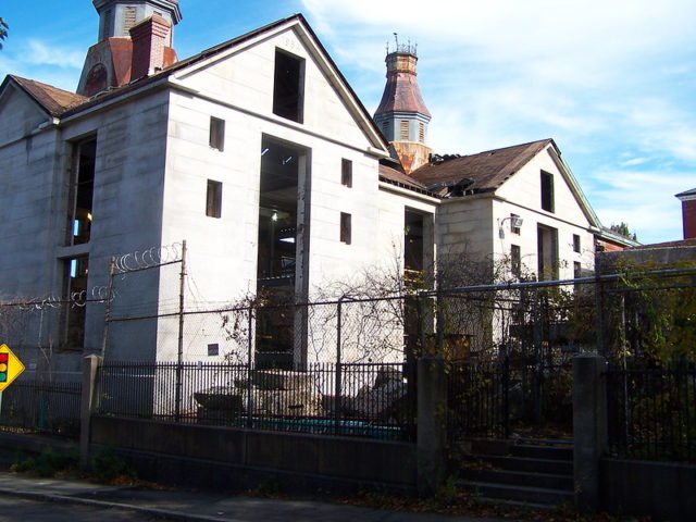 Salem Jail without windows and doors during the renovations.