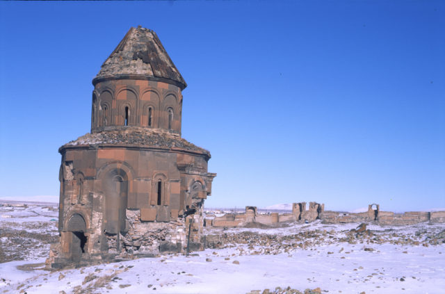 The front of a crumbling building at Ani