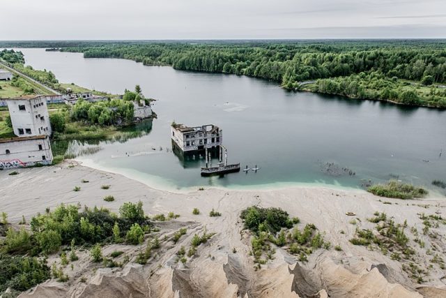 A photo from a drone shows the quarry and prison site