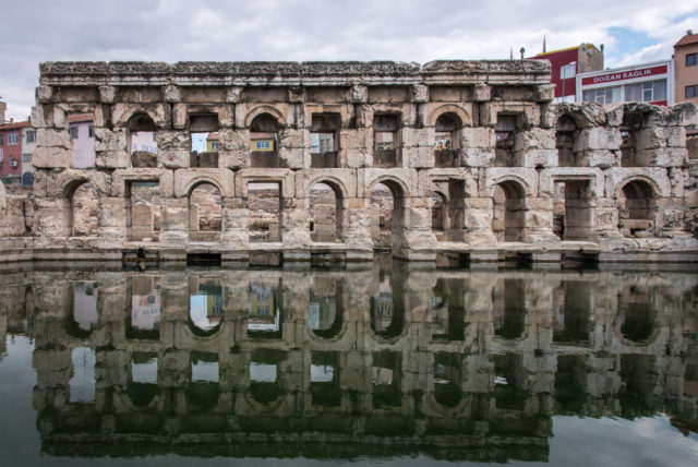 View of the structure around the pool at the Basilica Therma