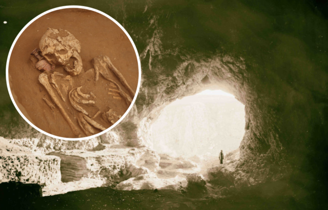 An Israeli cave in 1898 and a skeleton found in Israel