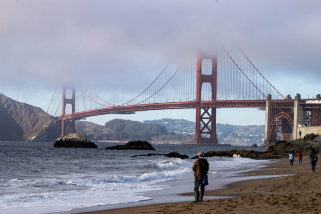 Person standing on a beach while looking at the Golden Gate Bridge covered in fog.