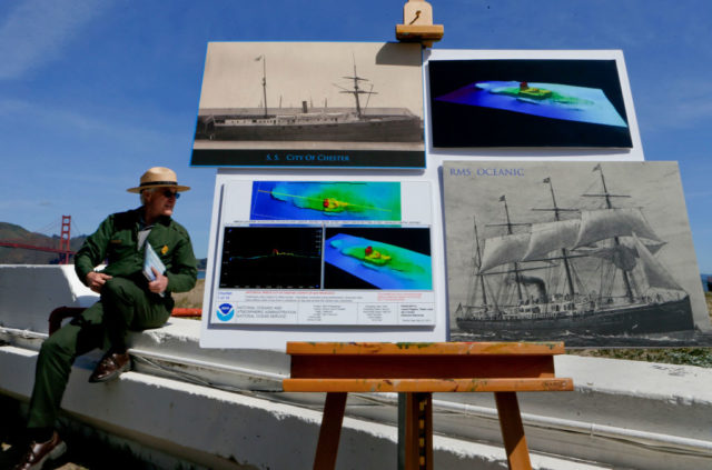 Poster board with sonar images and ship images.