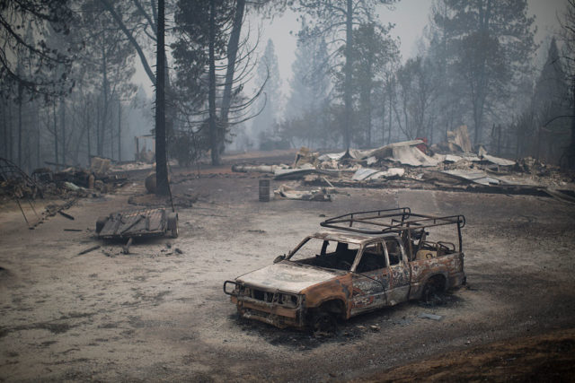 Abandoned trucks and debris in the middle of a burned forest.