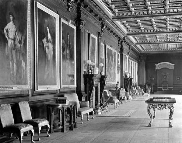 A long hallway lined with portraits at the former Hamilton Palace