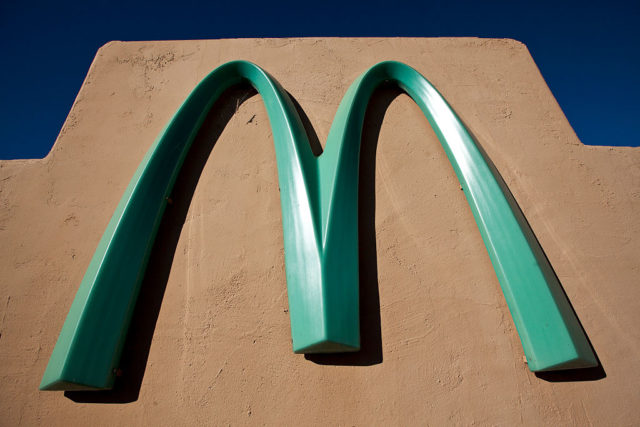 Close-up of the McDonald's blue arches on the exterior of the Sedona, Arizona restaurant