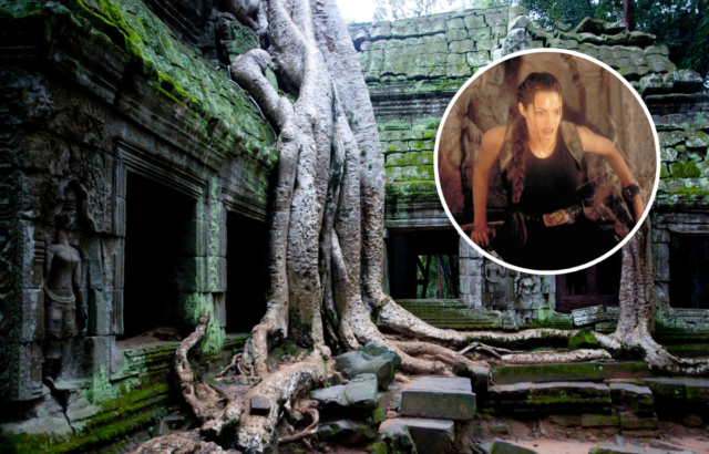 Tree roots growing over the corner of a building + Angelina Jolie as Lara Croft in 'Lara Croft: Tomb Raider'