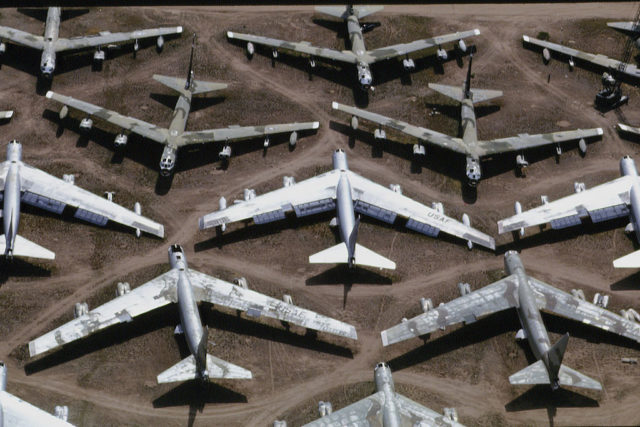 Aerial view of parked Boeing B-52 Stratofortresses