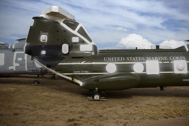 US Marine Corps-operated Boeing Vertol UH-46 parked among other helicopters