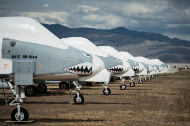 Row of Fairchild Republic A-10 Thunderbolt IIs parked outside