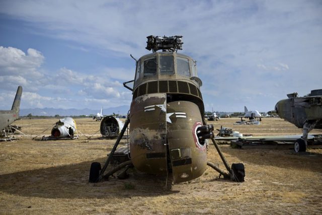 Damaged Sikorsky H-34C parked outside