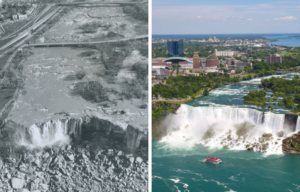 Side by side of Niagara Falls in 1969 and 2019