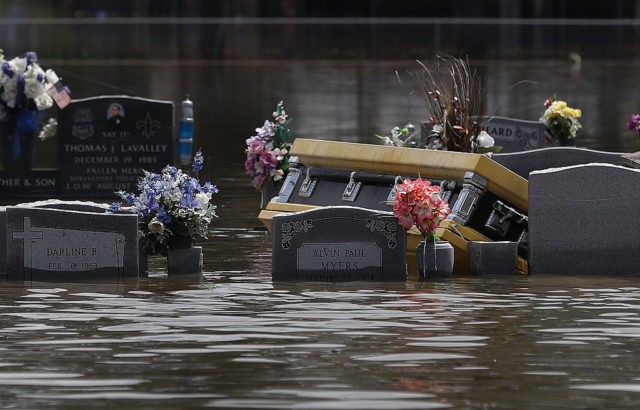 Coffin floating in a flooded cemetery