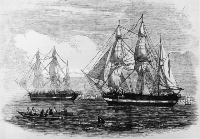 Line drawing of HMS 'Erebus' and HMS 'Terror' setting sail over open waters. 