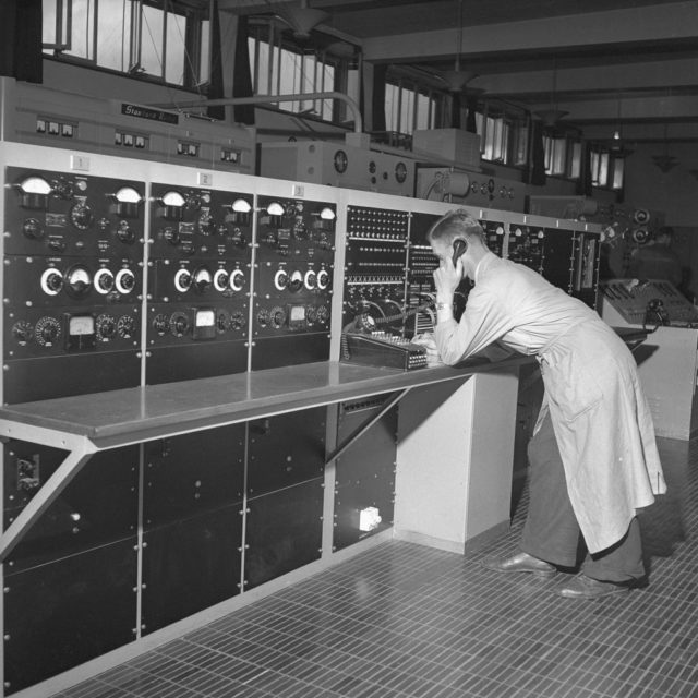 A man works at a shortwave broadcast station