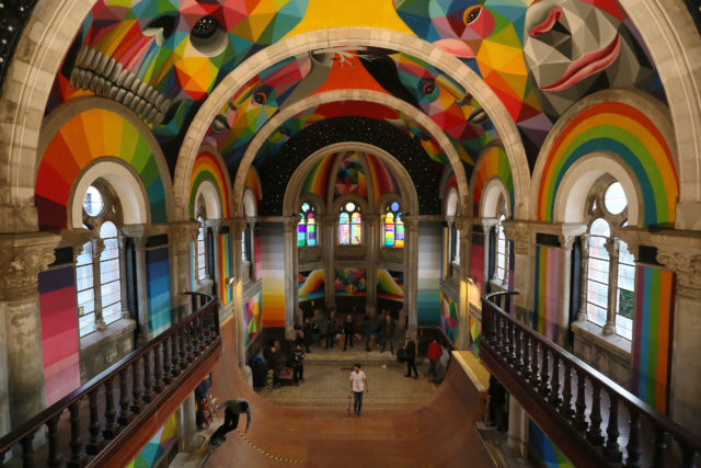 The colorful interior of the Kaos Temple skate park 